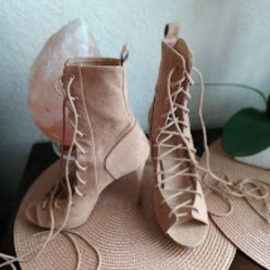 Camel Suede lace up heels, size 7.5